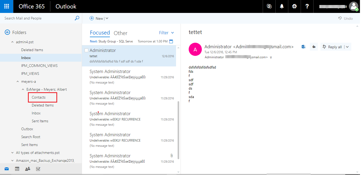 Exported Contacts in Office 365 Account