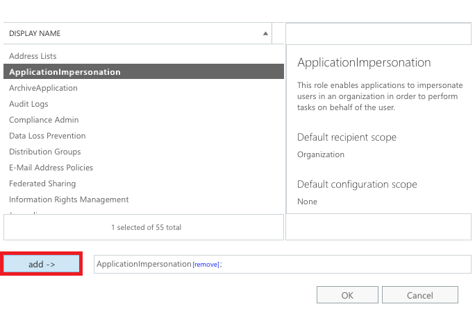 Add Application Impersonation Rights from list