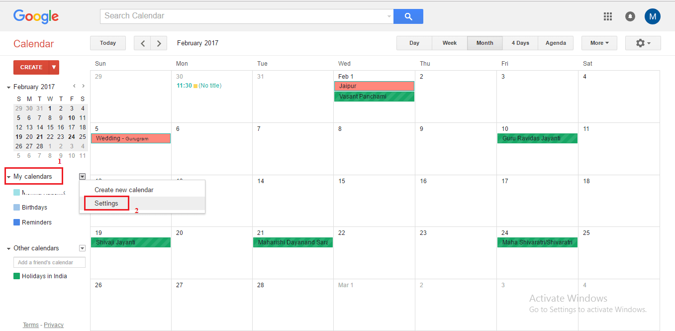 press on My calendars option