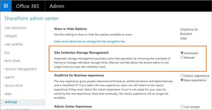 Office 365 SharePoint Admin Center